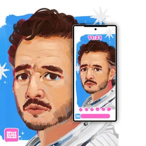 May include: Digital illustration of a man with brown hair and a mustache, set against a blue backdrop with white star-like shapes. A smartphone displays a similar portrait, with the time 11:21 on the screen. The artwork includes the text "HELLO ELISA MILAN".
