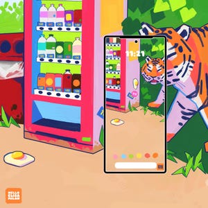 May include: A colourful illustration of a vending machine with a tiger peeking out from behind it. The vending machine has a pink background and is filled with various drinks and snacks. The tiger is orange and black with white stripes. The image also includes a smartphone with a bright, colourful screen and the text "11:21" displayed on it.