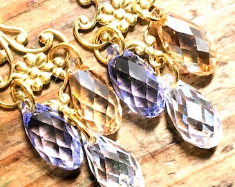 Casual and Chic Fancy Floral Chandelier Earrings with Swarovski® Crystals in Tanzanite, Golden Shadow and Crystal Aurora Borealis Colours