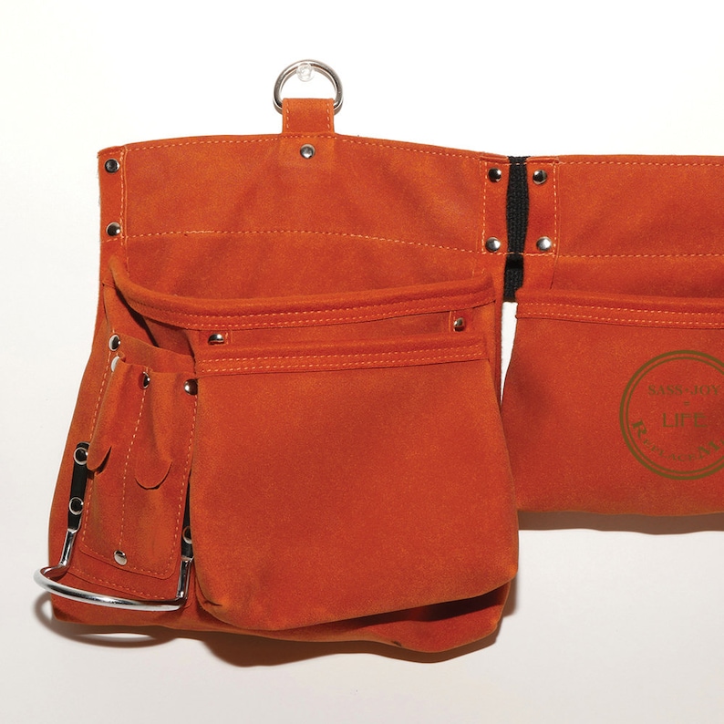 May include: A brown leather tool belt with multiple pockets and a metal ring for hanging. The belt has a black strap and metal rivets.