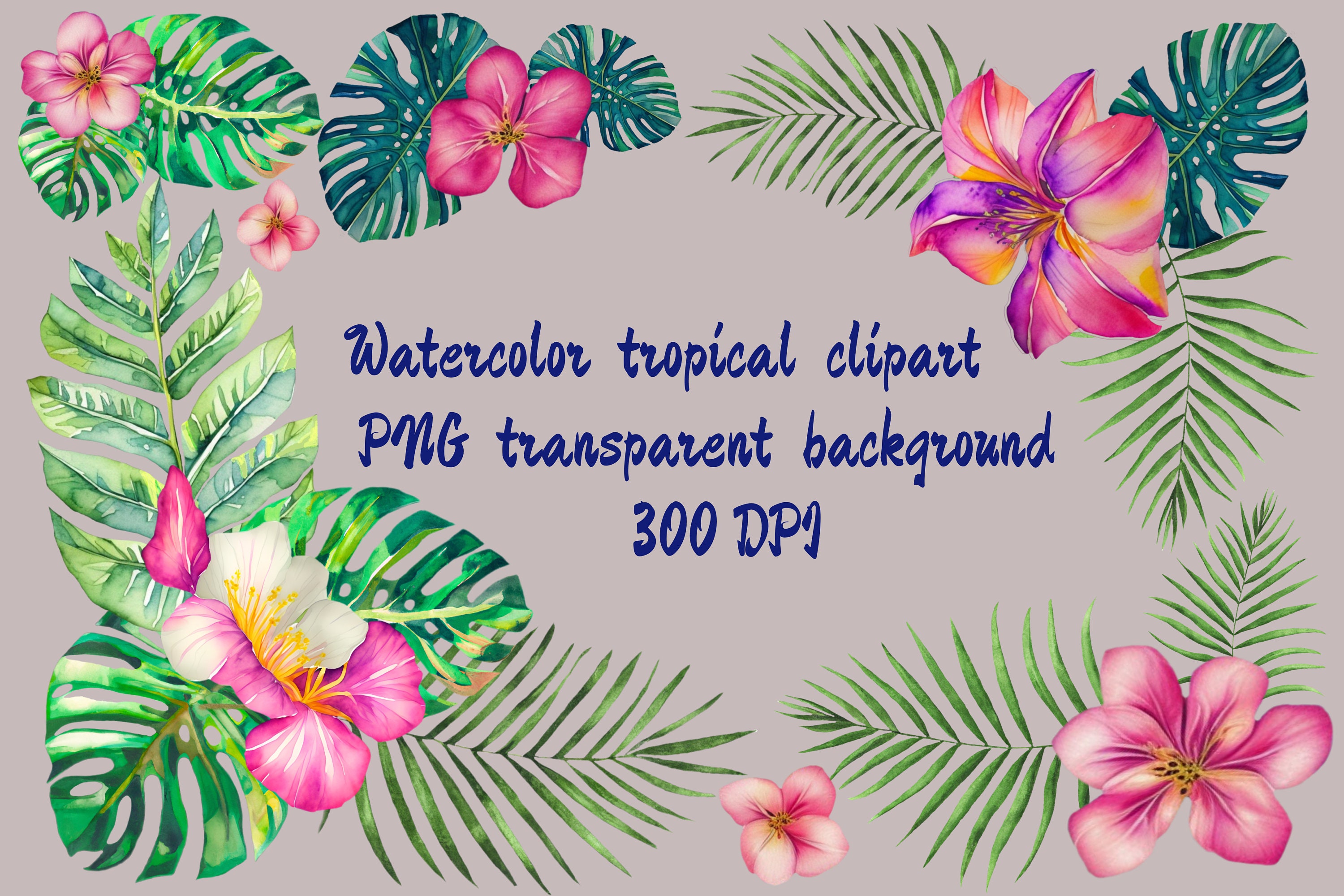 Watercolor Tropical Clipart for Sublimation PNG on Transparent Background  300 Dpi. Tropical Bouquet 