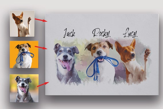 Custom 3 Pet Portrait from Photo – Realistic Watercolor Painting | Multiple Pets Digital Download | Personalized Pet Lover Gift