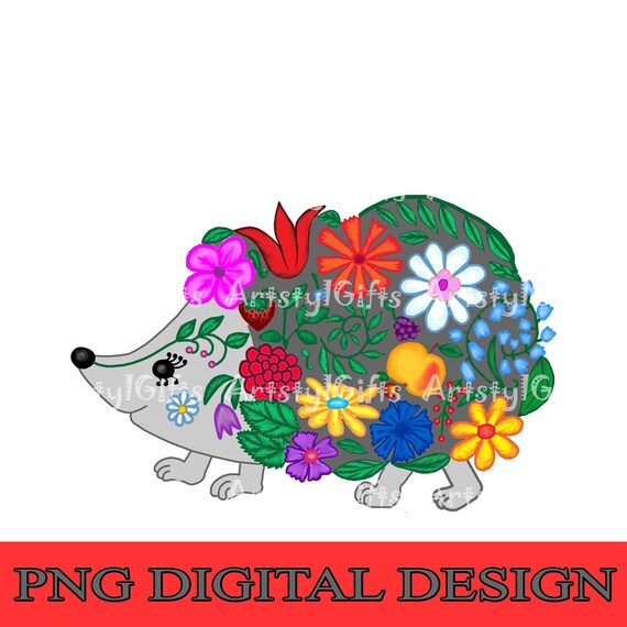 Hedgehog art print PNG file for sublimation. Design for children. Flower hedgehog.