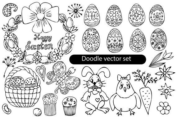 Happy easter svg bundle. Easter basket, easter cookies, easter egg clipart, easter bunny. Doodle svg. SVG files for cricut