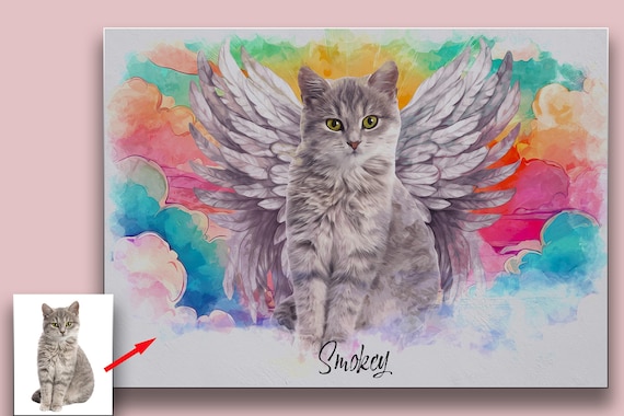 Custom Watercolor Pet Memorial Portrait from photo with Angel Wings in rainbow clouds – Digital Download