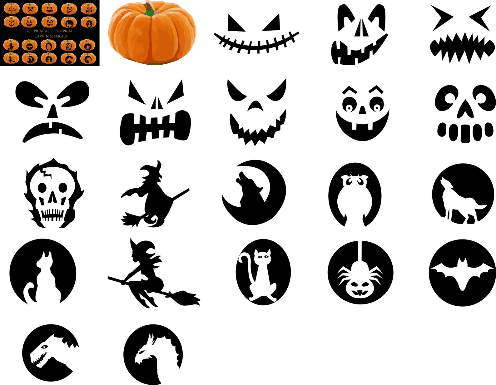 20 Printable Halloween Pumpkin Carving Stencils Jack O Lantern Pumpkin ...