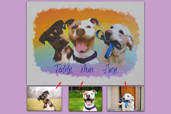 3 pet Portrait. Multiple pet Watercolor painting from photo. Personalized Pet Lover Gift | Digital Download Artwork
