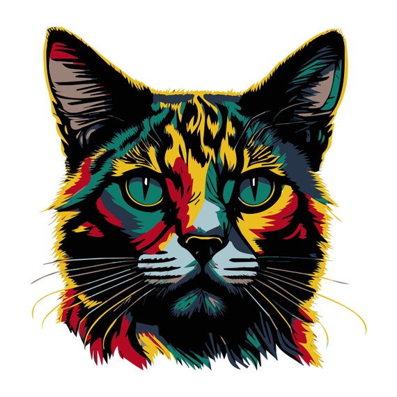 Vector illustration of a black rainbow cat in pop art style on a transparent background for sublimation printing. Сat lover digital download