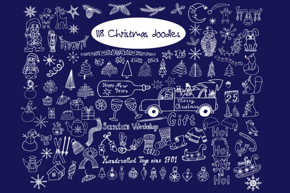 Winter Christmas Doodles. A snowman, Snowflake clipart. Hand-drawn Christmas Icons. Santa Claus, Reindeer, Holiday SVG