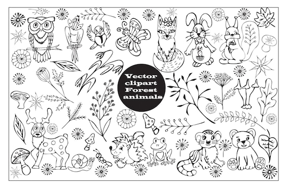 Cute Doodle Woodland Creature Clipart, Forest Animal Clipart, Woodland Digital Stamps, Bird Owl Deer Bear Fox Clip Art