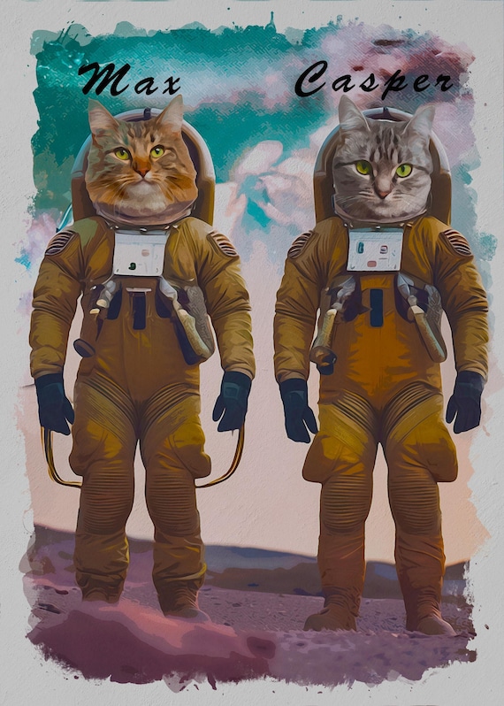 Custom Watercolor Portrait of Two Cats in Astronaut Suits/Pet Photo to Space Art/  Whimsical Digital Download/Personalized Cat Illustration