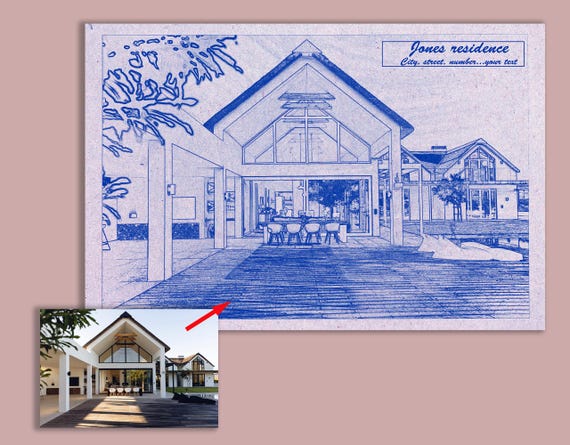 Custom blue drawing of a house from a photo. Wedding venue sketch. Housewarming gift. Digital download