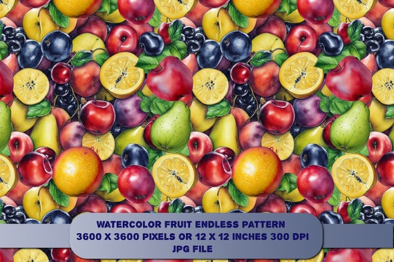 Seamless pattern of watercolor fruits Printable art Kitchen decor Fruit background