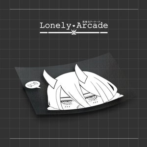 May include: Black and white line art sticker of an anime character with horns peeking over a surface. The character has large eyes and a candy in a thought bubble above their head. The text "Lonely Arcade" is above the character in a white font with a heart symbol.