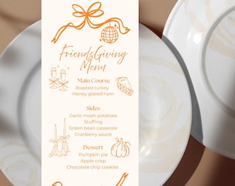 Plantilla de menú para Friendsgiving, decoración editable para cenas de otoño (descarga en PDF)