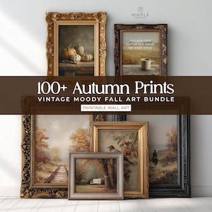 May include: A collection of five framed art prints featuring autumn scenes, including pumpkins, a coffee mug with the text "autumn and coffee are made for each other," a landscape with train tracks, a bird on a branch, and a person on horseback.