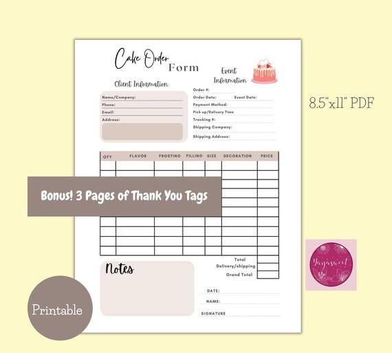 Cake Order Form Printable Bakery Order Form Instant Digital - Etsy