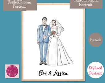 Custom Wedding Portrait Illustration - Personalized Portrait , Illustrated Bride and Groom  in digital file, Anniversary. Wedding day,