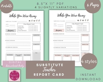 Substitute Teacher Report, Substitute Teacher Lesson Plan, Substitute Notes, Substitute Teacher Notes, Teacher forms , Printable