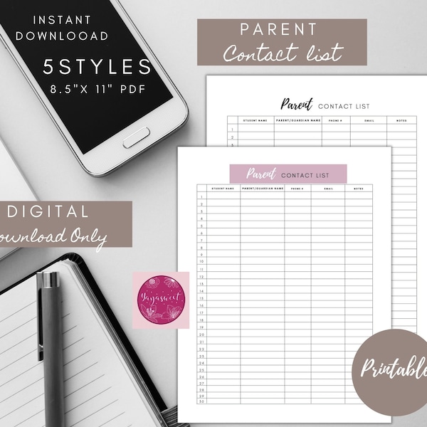 Parent Contact List, Parent ConParent Contact list, Student contact Sheets, Student info, Teacher Organization , Printable, Teacher Tool