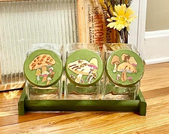 Vintage 1970s Mushroom Glass Canister Set with Wooden Rack