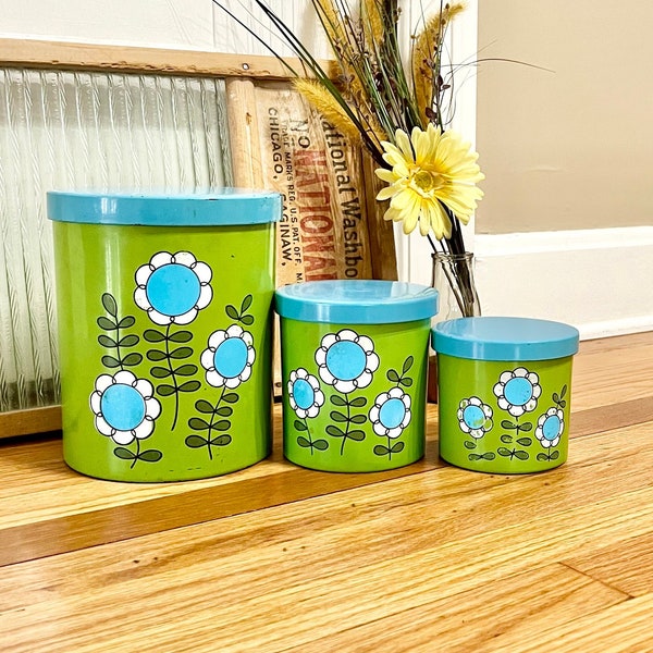 Vintage Lacquerware Daisy Japan Canisters / 1970's SET of 3 Flower Power Canisters