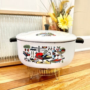 Vintage Georges Briard Enamel Stock Pot: Mid-Century Turkey Pattern, 3 Quart