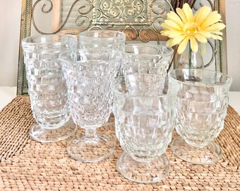 Vintage Mid-Century Clear Whitehall Cube Pattern Footed Tumblers, Sets of 2 OR Set of 4 /Drinking Glasses 12 ounces / 8 ounces / 4 ounces