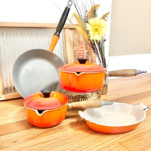 Vintage Le Creuset Flame Orange 6 Piece SET of 4 Pots and Pans / Flame Orange Le Creuset Cookware Set / Mid-Century Le Creuset Pots and Pans