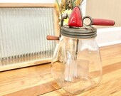 Antique Vintage 1920 39 s 4 Quart Butter Churn Glass Red Football Top Churn Churner Metal Whip and Hand Crank Churn Farmhouse Décor