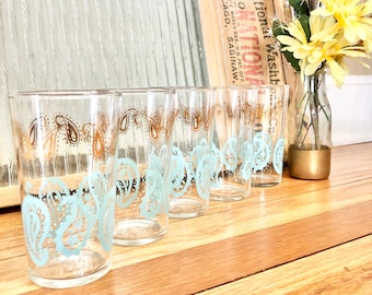 Vintage Federal Glass Company SET of 5 Paisley Aqua & Gold 10 Oz Drinking Glasses / Paisley Glasses / Tumblers / 1960's Glasses