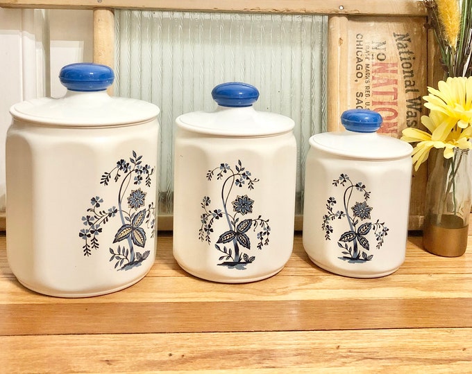 Vintage Kromex Set of 3 Nesting Kitchen Canisters With Blue Floral Motif / 1970's Kromex