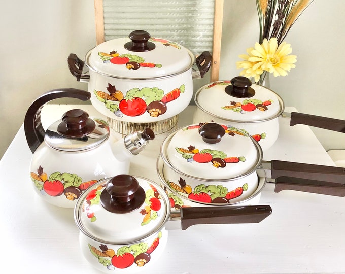 RARE Vintage / Retro Vegetable Enamelware Pots and Pans 11 Piece Set