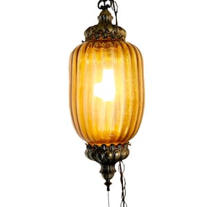 Vintage SWAG Lamp / Mid-Century Large Amber Hanging Swag Lamp / 1970&#39;sAmber Glass Swag Lamp with Plug