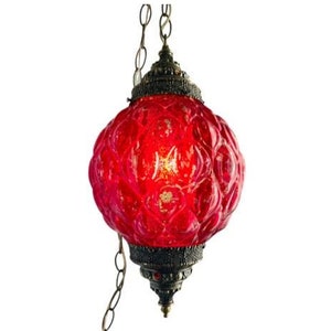 Vintage Mid-century Red Hanging Round Swag Lamp / 1970's Red