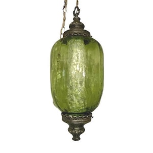 Vintage BEAUTIFUL Green SWAG Lamp / Mid-Century Large Green Hanging Swag Lamp / 1970&#39;s Handing Green Glass Swag Lamp