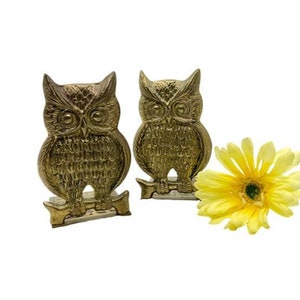 Vintage Pair of Solid Brass Owl Bookends / Brass Owl Book Ends with Beautiful Patina / Mid-Century Solid Brass Owl Bookends