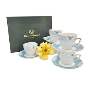 New Vintage Valentino Tea Set for 5 with Original Box / Collectible Authentic Valentino Blue and White Tea Set / Porcelain Tea Set #8912