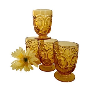 Vintage “Moon and Stars&quot; 6 Ounce Glasses / Fenton/LG Wright Set of 4 Amber Moon and Stars Glasses
