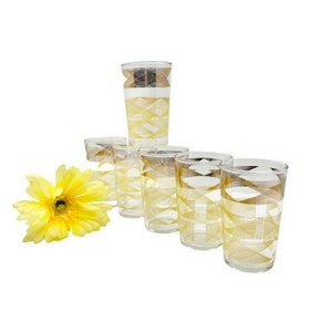 Vintage Set of 6 MCM Gold and Yellow Geometric Glasses / Mid-Century Juice Glasses / MCM Gold and Yellow Glasses