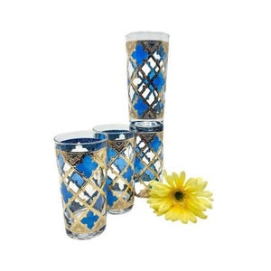 RARE Vintage Culver Blue/Gold Encrusted Lattice Moroccan Highball Glasses / 1960’s Designer Culver 22K Gold Set of 4 Glasses/Tumblers