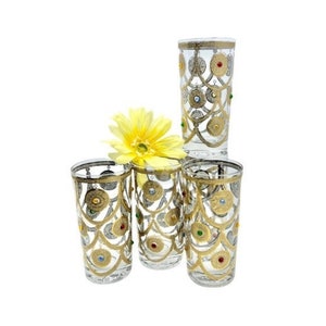 Vintage Culver Jeweled Ornaments 22K Gold 12 Oz Highball Glasses/Tumblers / Rare 1960&#39;s SET of 5 Culver, LTD Jeweled Glasses