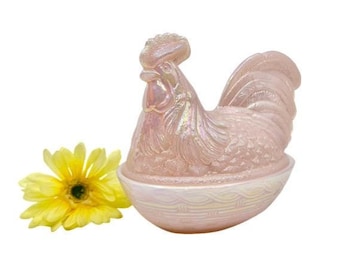 Vintage Fenton Pink Iridescent Glass Rooster on Nest Covered Dish