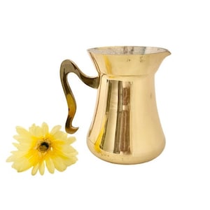 Vintage Large Solid Brass Pitcher with Unique Serpentine Handle / Mid-Century Brass Pitcher