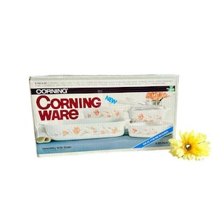 New Vintage Corning Ware "Peach Floral" 8 Piece Casserole Dish Set with Glass Lids / 1980’s Corning Ware Peach Floral in Original Box