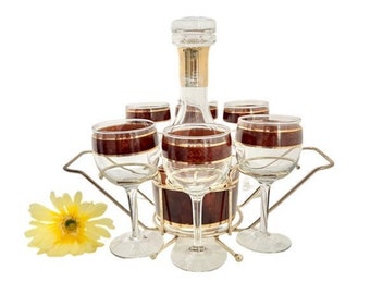 Vintage Culver Tortoise Decanter and Wine Glasses with Rack / Mid-Century Culver LTD 22 kt Gold Decanter and Wine Glass Set