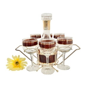 Vintage Culver Tortoise Decanter and Wine Glasses with Rack / Mid-Century Culver LTD 22 kt Gold Decanter and Wine Glass Set