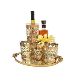 Vintage Culver Valencia SIGNED 22K Set of 4 Green Gold Filigree 12 Oz Double Old Fashioned/Lowball/Rocks/Whiskey/Glasses / 1960&#39;s Culver