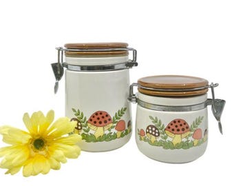 Vintage Merry Mushroom Stoneware Canisters: 1970s Sears Kitchen Jars, Set of 2