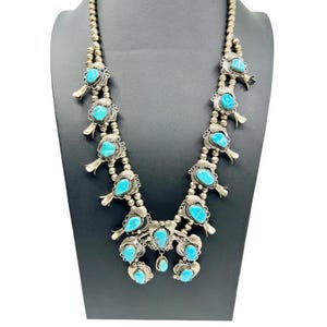 Squash Blossom Necklace / 1960&#39;s SIGNED &quot;GH&quot; Large 925 Sterling Silver and Turquoise Squash Blossom 25.5” Necklace 125.4 Grams